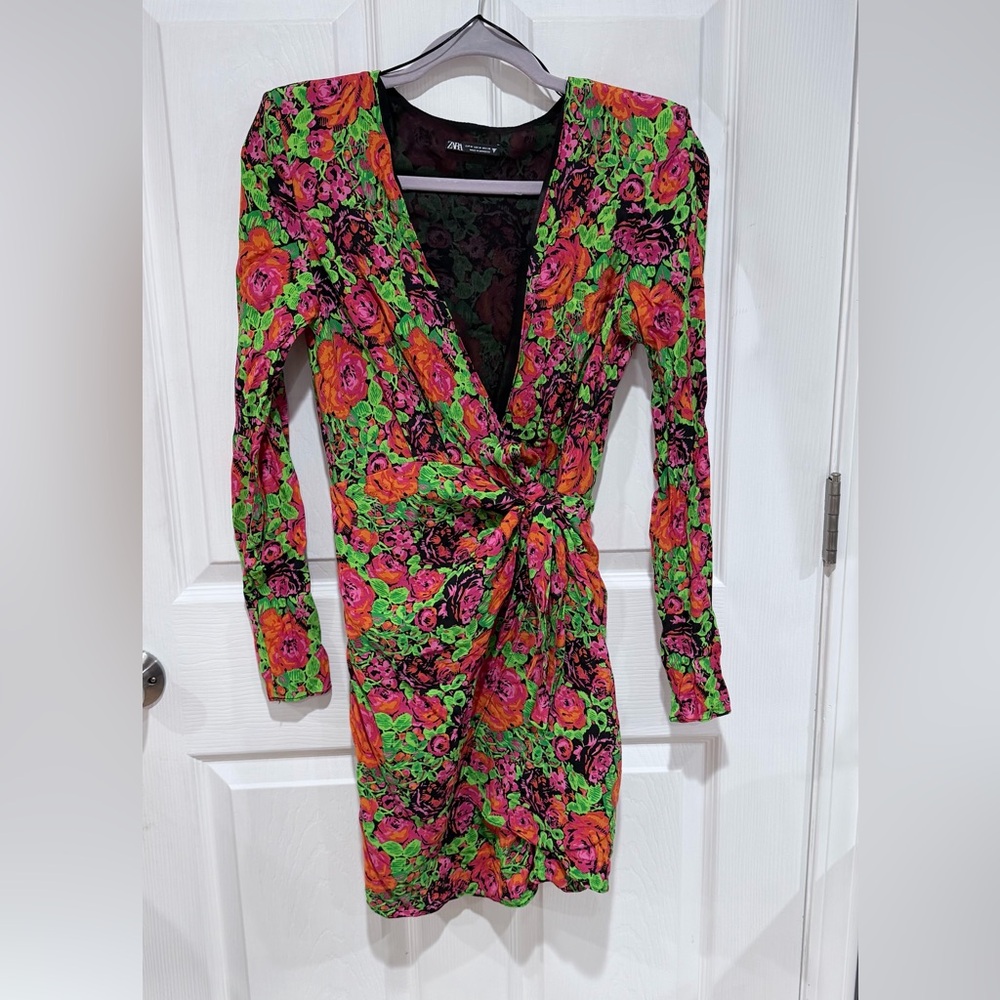 H&M Vibrant Floral Long Sleeve Dress - Green and Pink